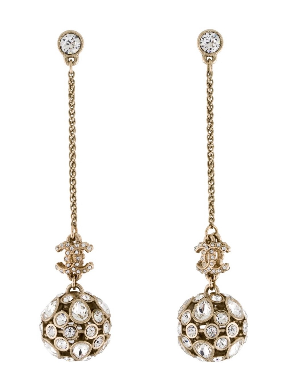 Double C Strass Logo Sphere Drop Swing Ornate Chain Earrings